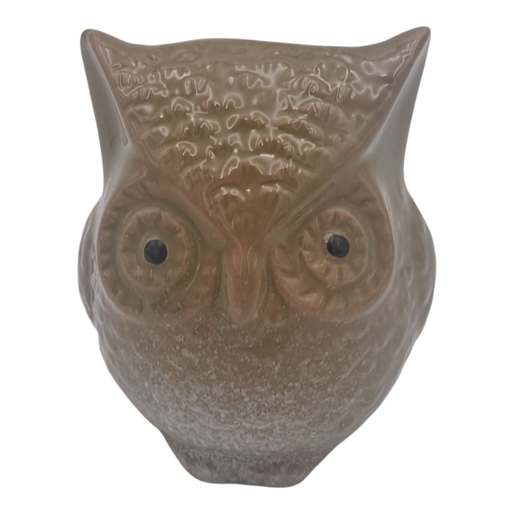 Earthy Greenish Brown Ceramic Owl Sculpture with Textured Design